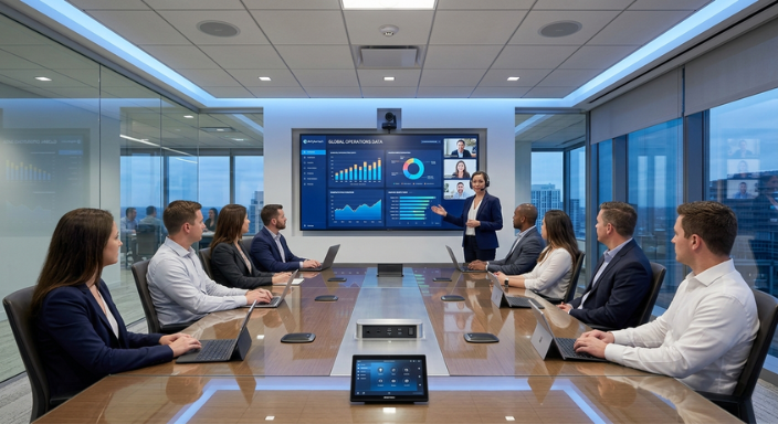 Modern conference room featuring integrated audio visual technology and digital displays