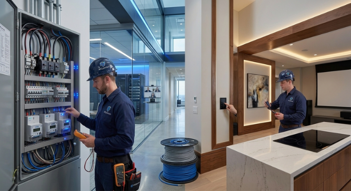Professional electrician installing a smart lighting control panel