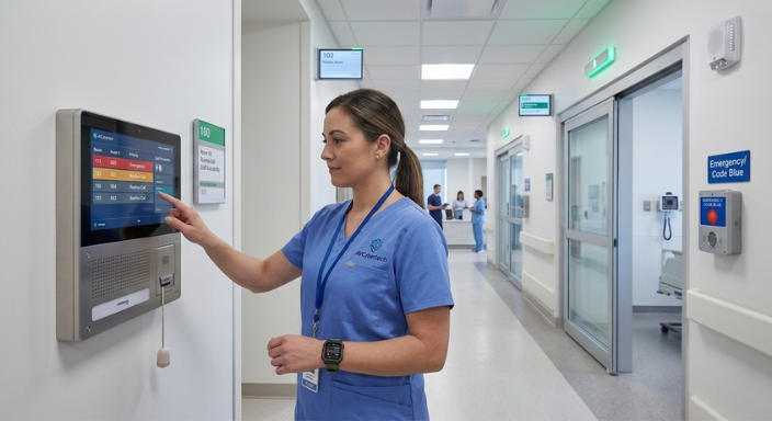 Digital nurse call station interface in a modern hospital hallway