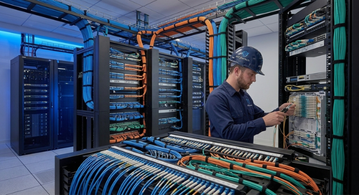 Organized server rack with blue Cat6 network data cabling