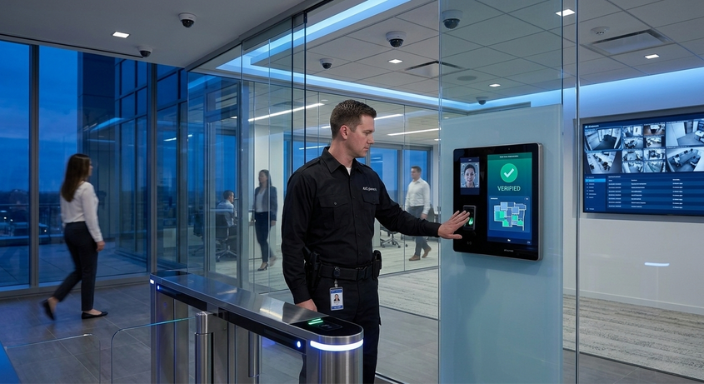 Electronic access control keypad mounted on a secure glass office door