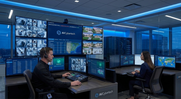 Security professional monitoring multiple live video surveillance feeds on a wall of screens